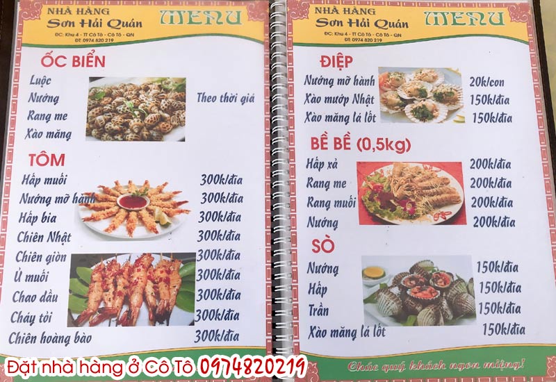 Thực đơn nhà hàng hải sản ở Cô Tô